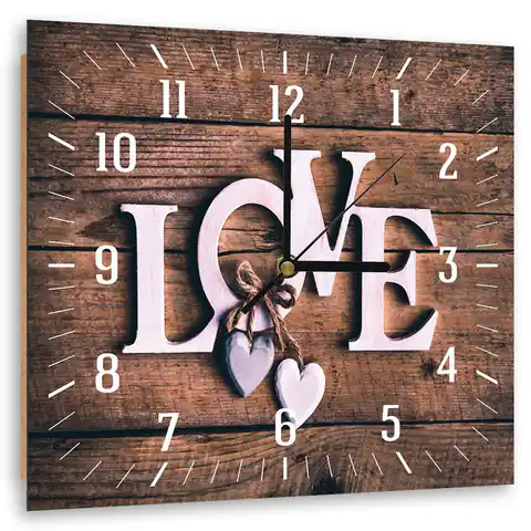 ⁨Obraz z zegarem, Love na ciemnych deskach (Rozmiar 60x60)⁩ w sklepie Wasserman.eu