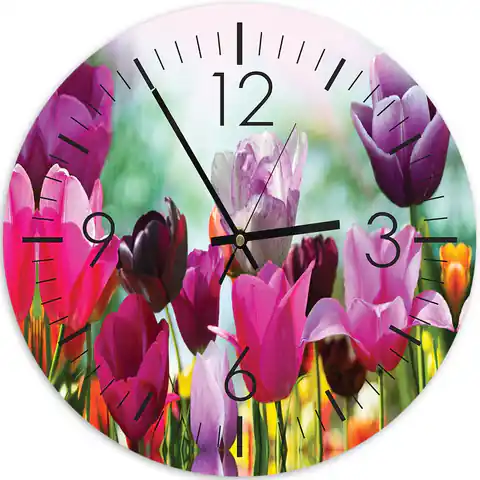 ⁨Obraz z zegarem, Kolorowe tulipany (Rozmiar 40x40)⁩ w sklepie Wasserman.eu