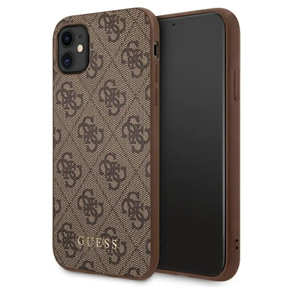 ⁨Guess GUHCN61G4GFBR iPhone 11 6,1" brązowy/brown hard case 4G Metal Gold Logo⁩ w sklepie Wasserman.eu