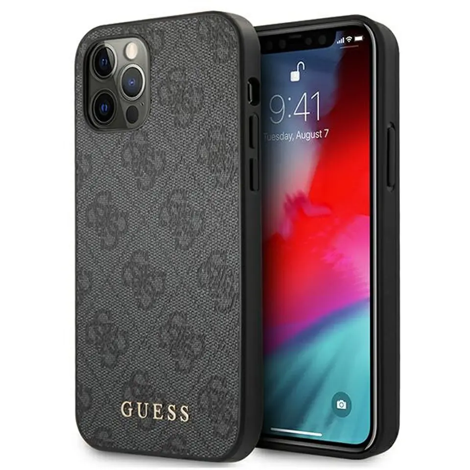 ⁨Guess GUHCP12MG4GFGR iPhone 12 / 12 Pro 6,1" szary/grey hard case 4G Metal Gold Logo⁩ w sklepie Wasserman.eu