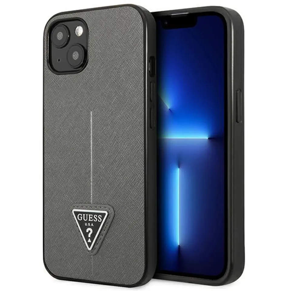 ⁨Guess GUHCP13SPSATLG iPhone 13 mini 5,4" srebrny/silver hardcase SaffianoTriangle Logo⁩ w sklepie Wasserman.eu