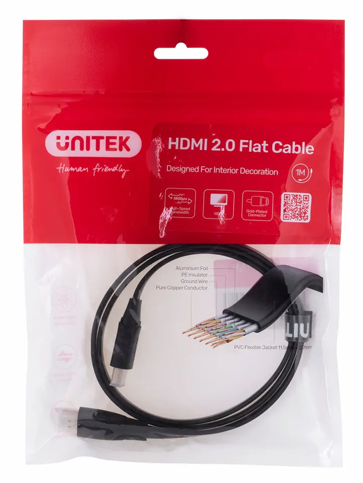 ⁨UNITEK HDMI CABLE 2.0 4K60HZ, FLAT, 1M,C11063BK-1M⁩ at Wasserman.eu