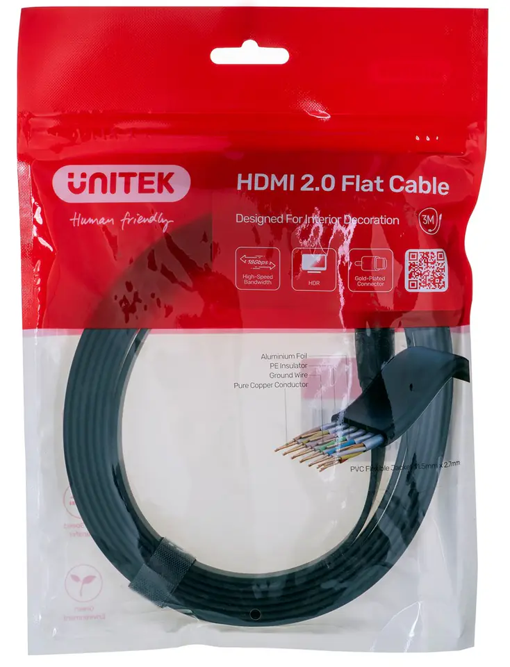 ⁨UNITEK HDMI CABLE 2.0 4K60HZ,FLAT ,3M, C11063BK-3M⁩ at Wasserman.eu