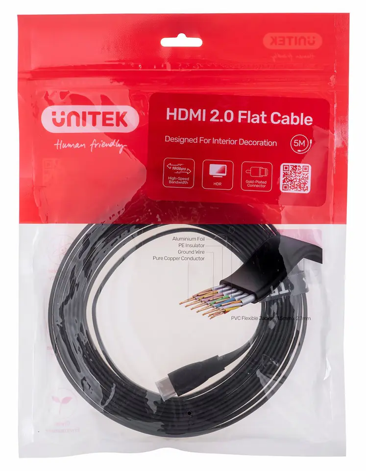 ⁨UNITEK HDMI CABLE 2.0 4K60HZ,FLAT, 5M, C11063BK-5M⁩ at Wasserman.eu