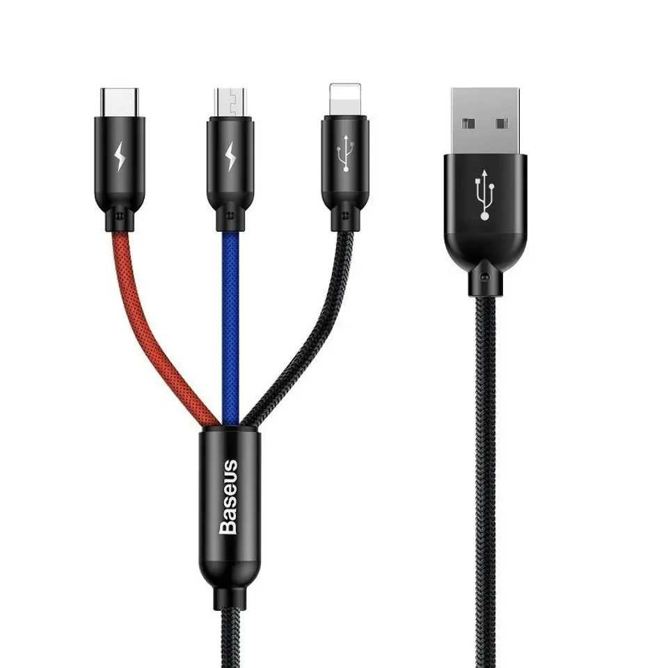 ⁨Kabel USB Baseus 3w1 USB-C / Lightning / Micro 3,5A 0,3m (czarny)⁩ w sklepie Wasserman.eu