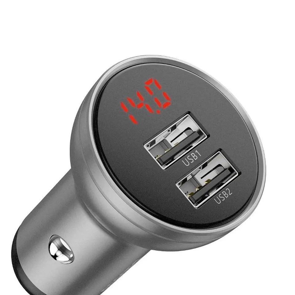 ⁨Ładowarka samochodowa Baseus z wyświetlaczem, 2x USB, 4,8A, 24W (srebrna)⁩ w sklepie Wasserman.eu