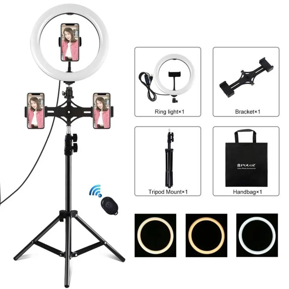 ⁨Puluz LED ring lamp / tripod 26cm 3x Smartphone PKT3070B⁩ at Wasserman.eu