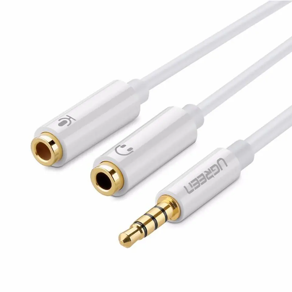 ⁨UGREEN AV141 Rozdzielacz audio AUX mini jack 3,5 mm (męski) do słuchawki + mikrofon (żeńskie), 20cm (biały)⁩ w sklepie Wasserman.eu