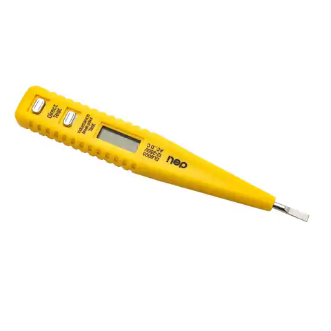 ⁨Próbnik napięcia Deli Tools EDL8003, elektroniczny, 12-250V (żółty)⁩ w sklepie Wasserman.eu