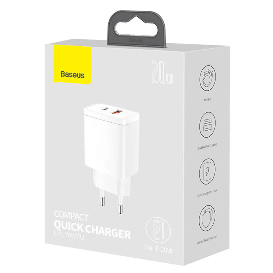 ⁨Ładowarka sieciowa Baseus Compact Quick Charger, USB, USB-C, 20W (biała)⁩ w sklepie Wasserman.eu