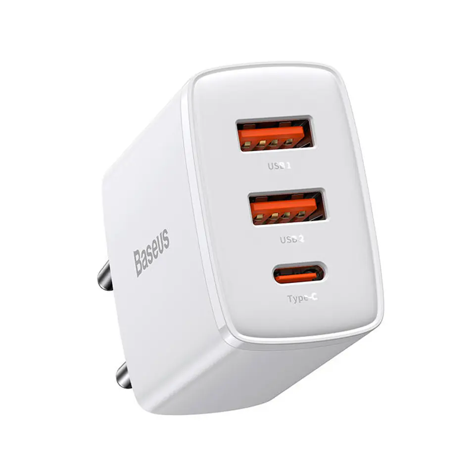 ⁨Ładowarka sieciowa Baseus Compact Quick Charger, 2xUSB, USB-C, PD, 3A, 30W (biała)⁩ w sklepie Wasserman.eu