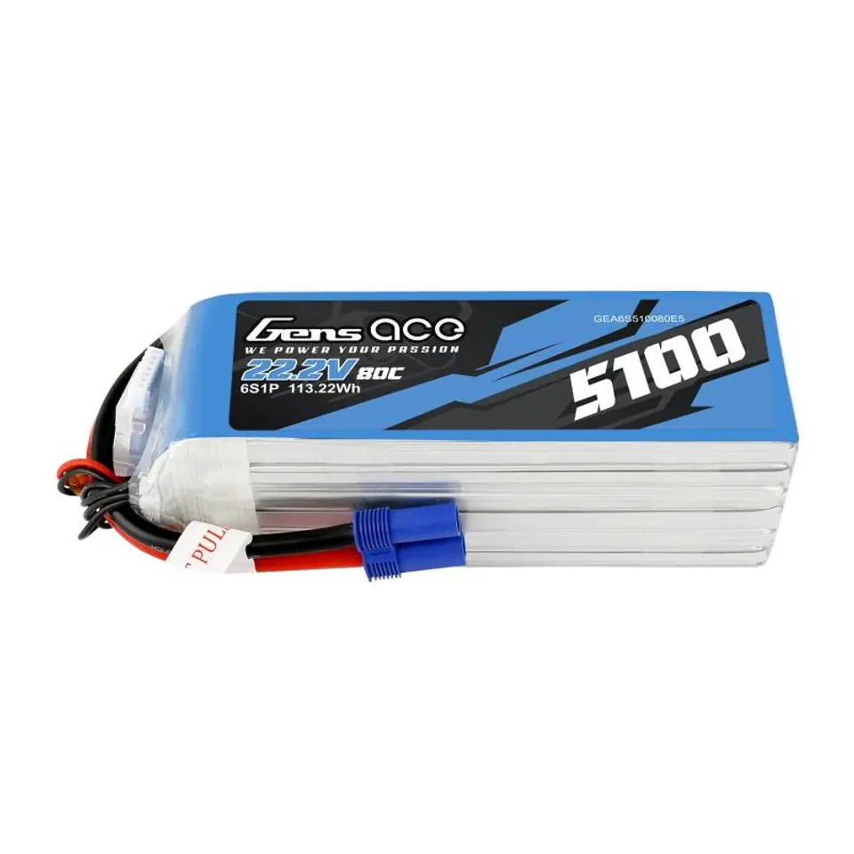 ⁨GensAce 5100mAh Rechargeable Battery 22.2V 80C 6S1P EC5⁩ at Wasserman.eu