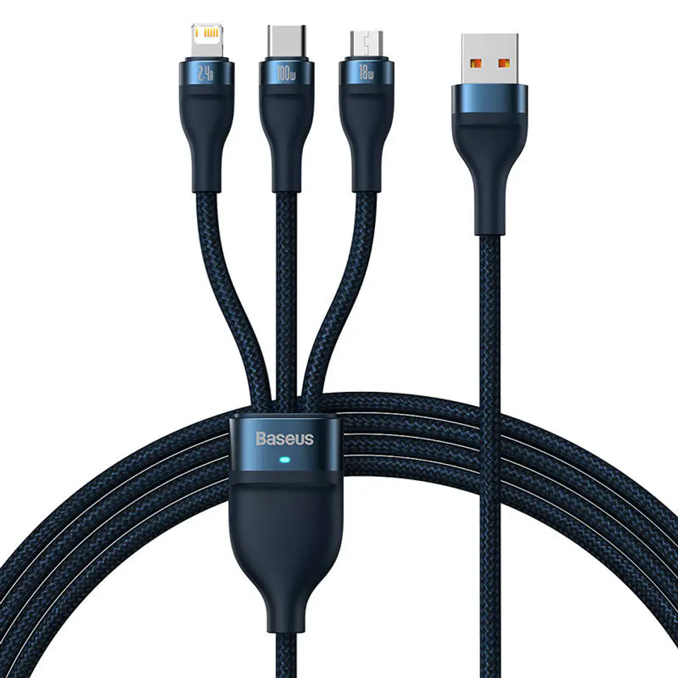 ⁨Baseus Flash Series 3in1 USB Cable, USB-C + Micro USB + Lightning, 100W, 1.2m (Blue)⁩ at Wasserman.eu