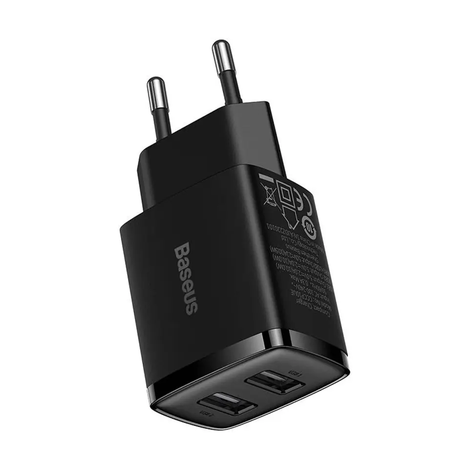 ⁨Ładowarka sieciowa Baseus Compact Quick Charger, 2x USB, 10.5W (czarna)⁩ w sklepie Wasserman.eu