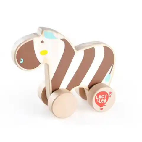 ⁨Colorful, wooden zebra on wheels for toddler⁩ at Wasserman.eu