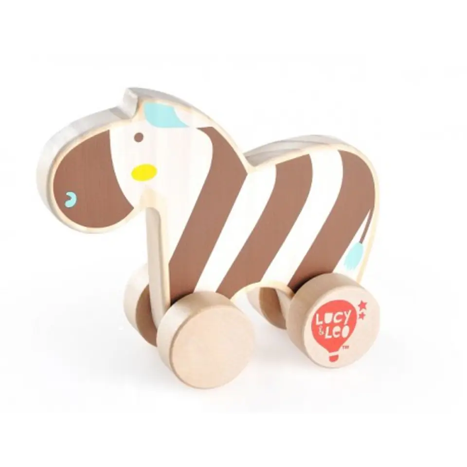 ⁨Colorful, wooden zebra on wheels for toddler⁩ at Wasserman.eu