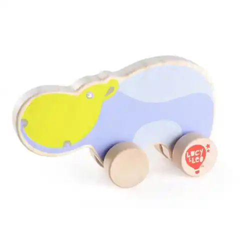 ⁨Colorful, wooden hippopotamus on wheels for toddler⁩ at Wasserman.eu