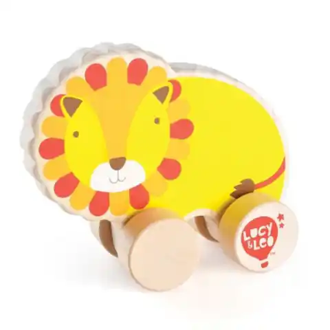 ⁨Colorful wooden lion on wheels for toddler⁩ at Wasserman.eu