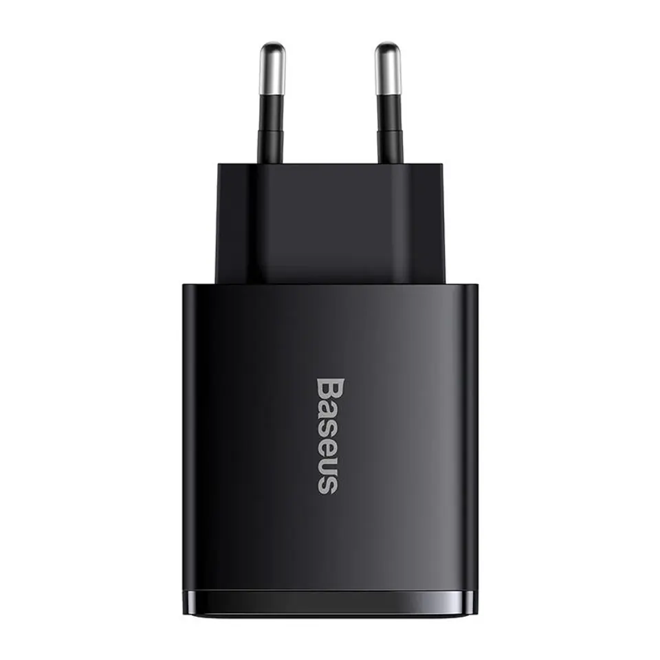 ⁨Ładowarka sieciowa Baseus Compact Quick Charger, 2xUSB, USB-C, PD, 3A, 30W (czarna)⁩ w sklepie Wasserman.eu