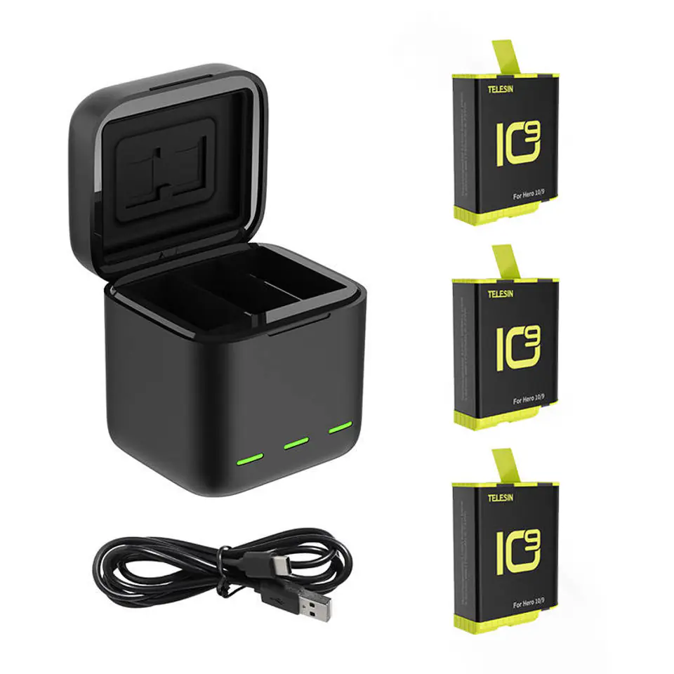 ⁨Three Channel Box Telesin Charger for GoPro Hero 9 / Hero 10 + 3 Batteries (GP-BNC-902-B)⁩ at Wasserman.eu