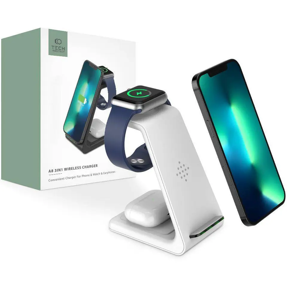 ⁨3in1 Wireless Charging Dock For Apple Tech-Protect A8 White⁩ at Wasserman.eu