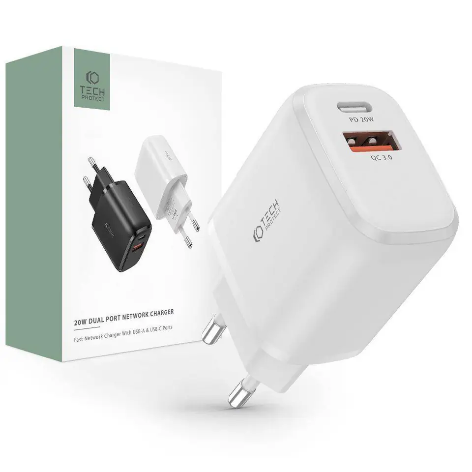 ⁨20W USB Charger QC3.0 + USB-C PD Tech-Protect C20W white⁩ at Wasserman.eu