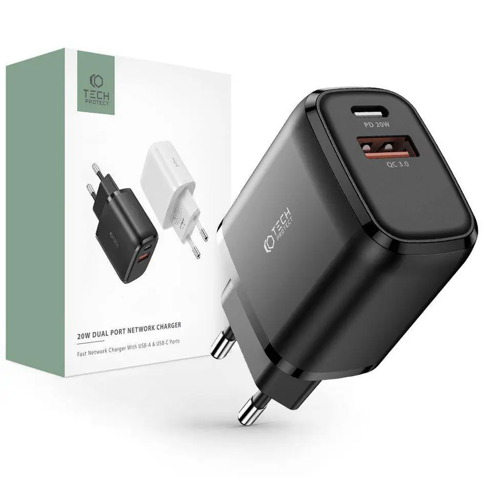 ⁨Wall charger 20W USB QC3.0 + USB-C PD Tech-Protect C20W black⁩ at Wasserman.eu