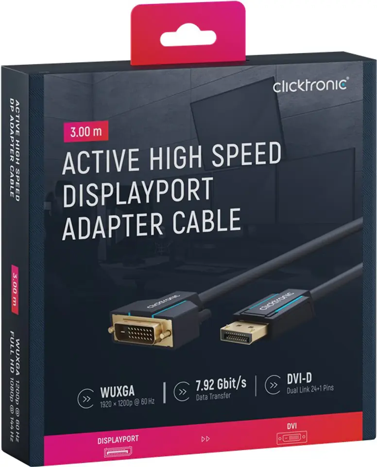 ⁨CLICKTRONIC Cable DisplayPort DP - DVI-D (24+1) 3m⁩ at Wasserman.eu