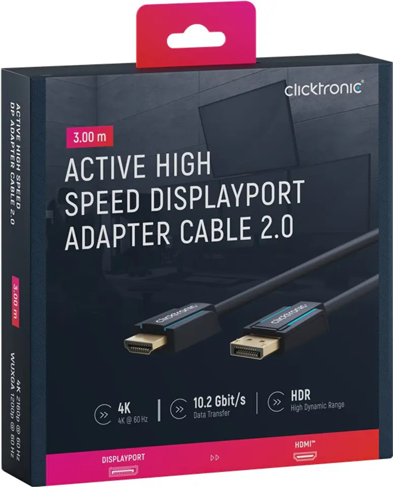 ⁨CLICKTRONIC Cable DisplayPort DP - HDMI 2.0 4K 3m⁩ at Wasserman.eu