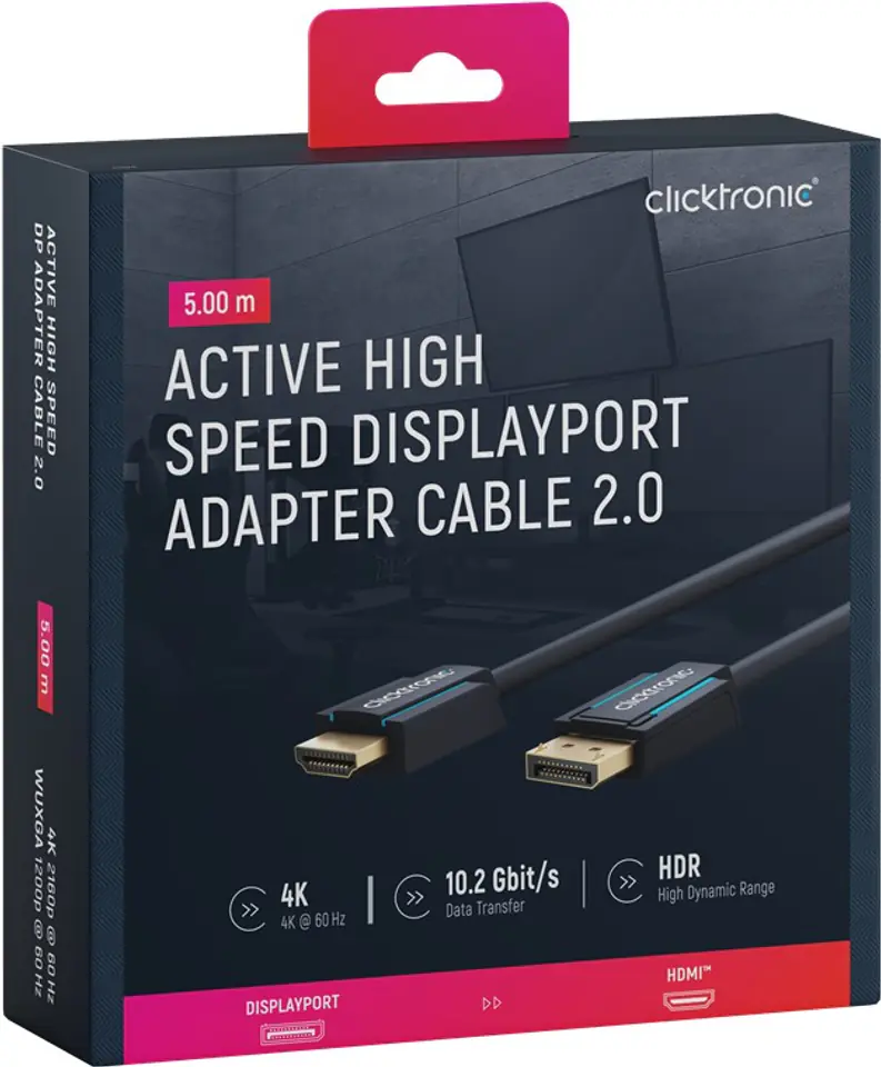 ⁨CLICKTRONIC Cable DisplayPort DP - HDMI 2.0 4K 5m⁩ at Wasserman.eu