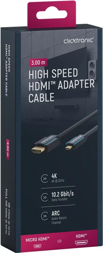 ⁨CLICKTRONIC HDMI - micro HDMI 2.0 cable 4K 60Hz 3m⁩ at Wasserman.eu