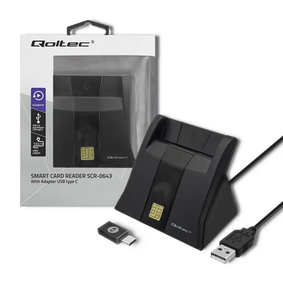 ⁨QOLTEC INTELIGENTNY CZYTNIK KART CHIPOWYCH ID, USB | PLUG&PLAY | PIONOWY⁩ w sklepie Wasserman.eu