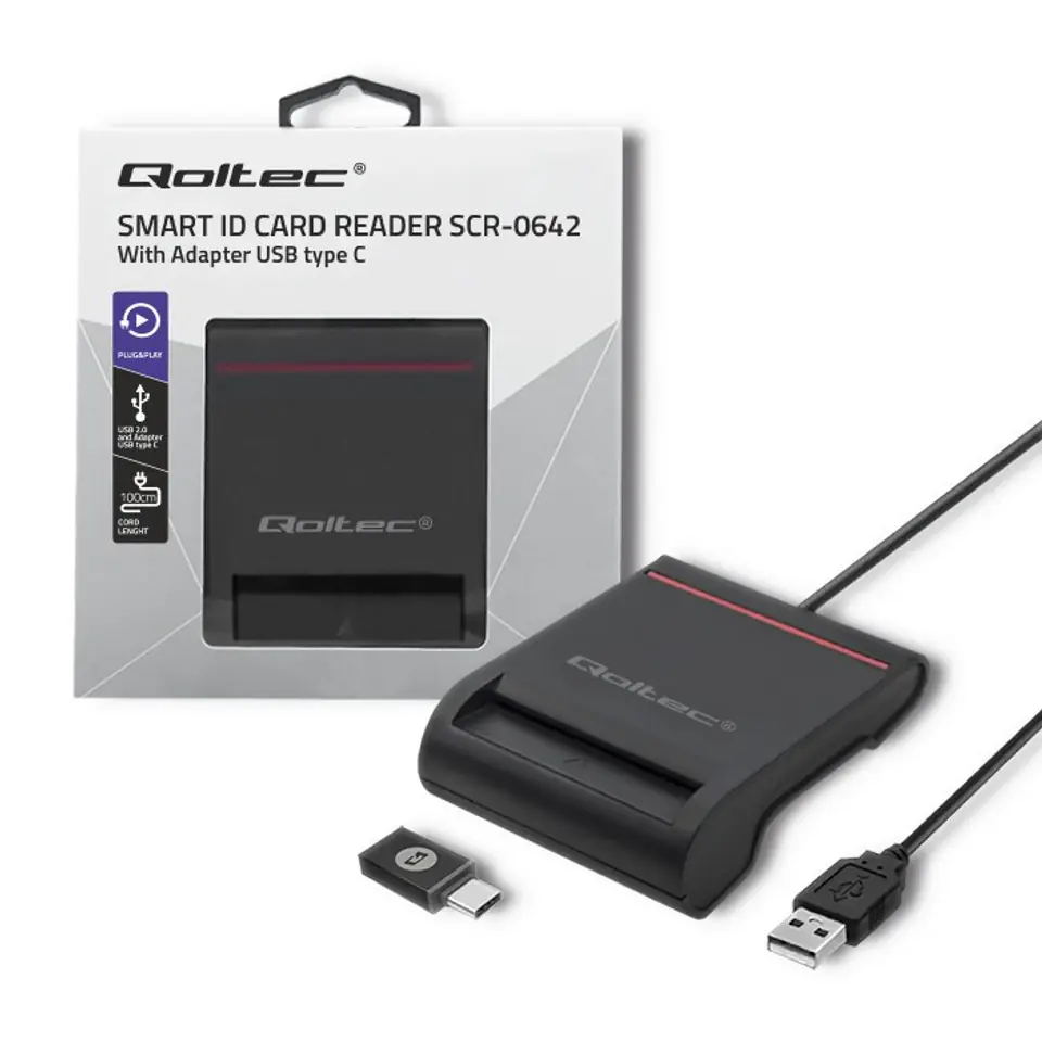 ⁨Qoltec 50642 Smart ID chip card reader SCR-0642|USB 2.0 + Adapter USB typ C⁩ at Wasserman.eu