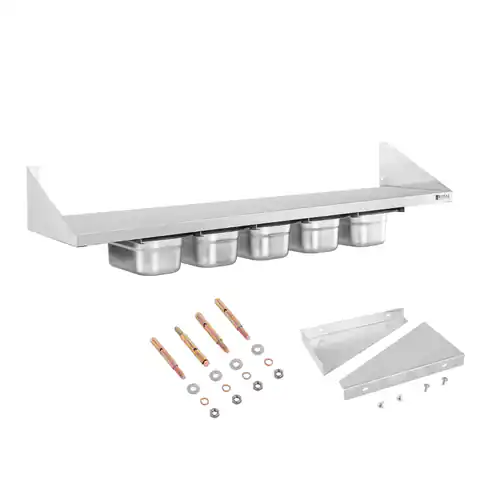 ⁨Wall shelf hanging on consoles stainless steel with GN1/4 containers⁩ at Wasserman.eu