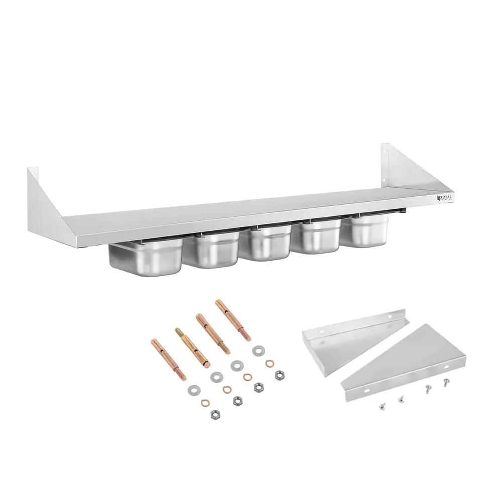 ⁨Wall shelf hanging on consoles stainless steel with GN1/4 containers⁩ at Wasserman.eu