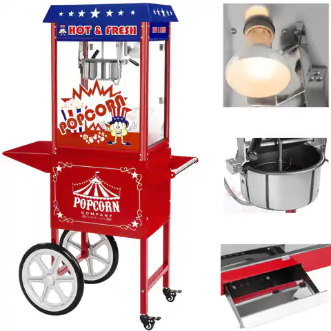 ⁨Mobilna maszyna do popcornu z wózkiem na kółkach TEFLON 1600W⁩ w sklepie Wasserman.eu