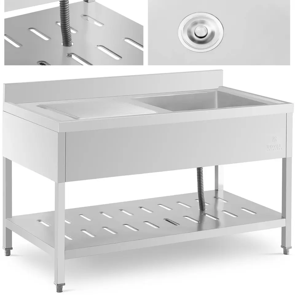 ⁨Single-chamber catering sink with shelf and right edge 140 x 70 x 94.5 cm⁩ at Wasserman.eu