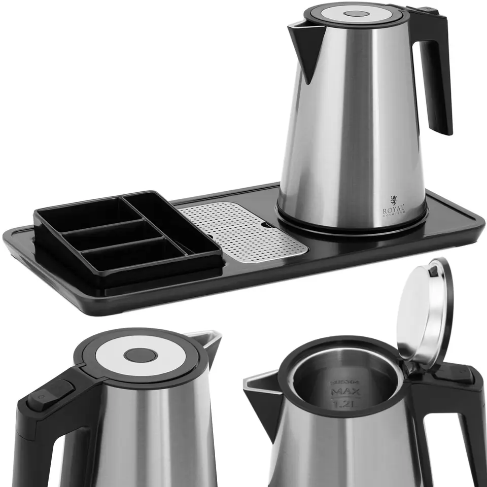 ⁨Hotel courtesy set electric kettle with tray 1.2 l 1800 W silver⁩ at Wasserman.eu