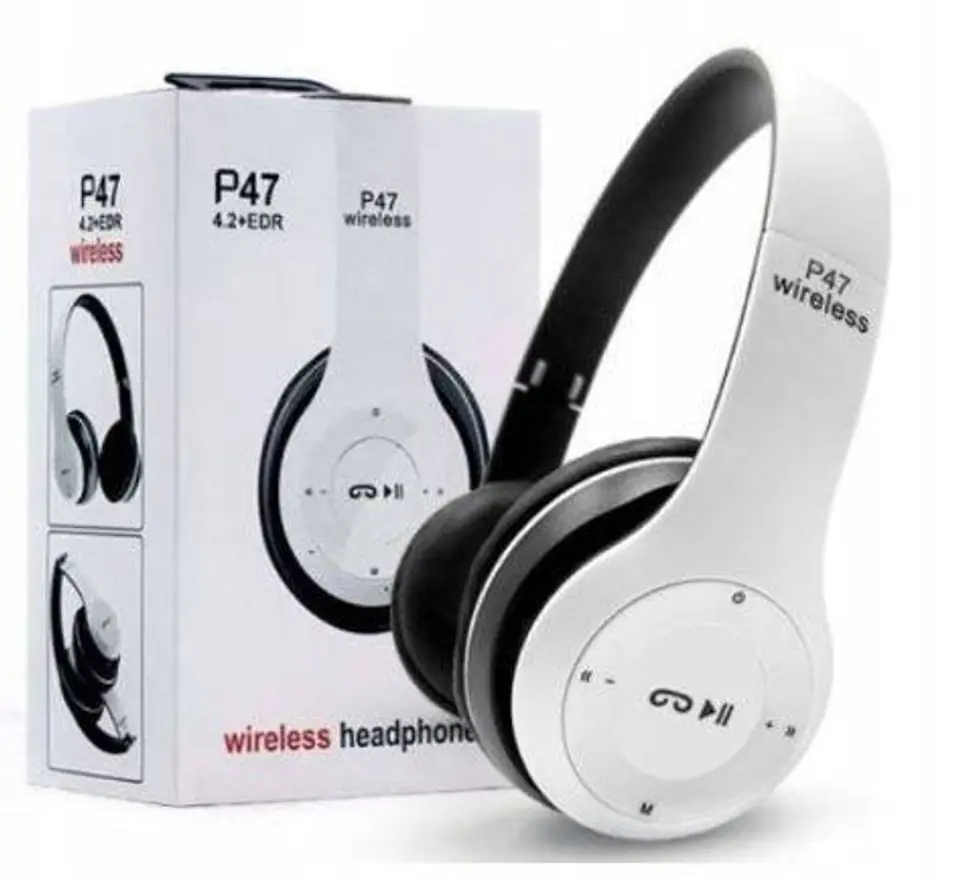 ⁨Foldable Headphones Wireless P47 Bluetooth 4.2 EDR Microphone MicroSD MP3 White⁩ at Wasserman.eu