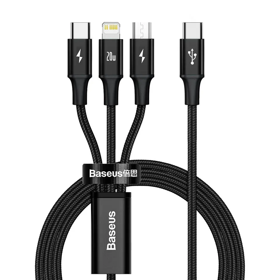 Kabel USB 3w1 Baseus Rapid Series, micro USB / Lightning / USB-C, 20W, 1.5m (czarny) w sklepie Wasserman.eu