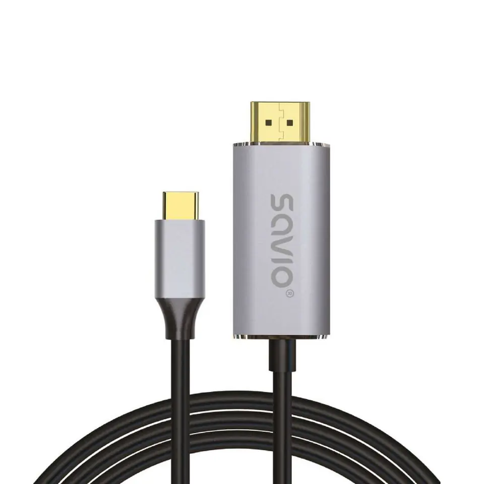 ⁨SAVIO KABEL USB-C DO HDMI 2.0B, 2M, SREBRNO-CZARNY⁩ w sklepie Wasserman.eu