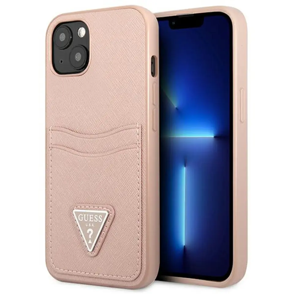 ⁨Guess GUHCP13MPSATPP iPhone 13 6,1" różowy/pink hardcase SaffianoTriangle Logo Cardslot⁩ w sklepie Wasserman.eu