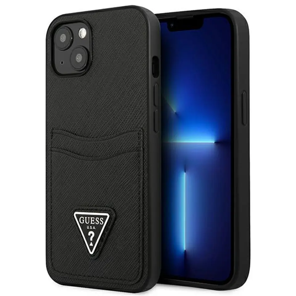 ⁨Guess GUHCP13SPSATPK iPhone 13 mini 5,4" czarny/black hardcase SaffianoTriangle Logo Cardslot⁩ w sklepie Wasserman.eu