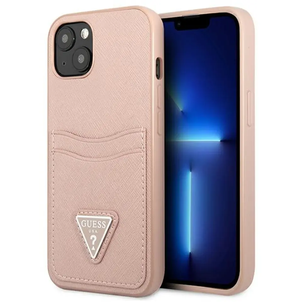 ⁨Guess GUHCP13SPSATPP iPhone 13 mini 5,4" różowy/pink hardcase SaffianoTriangle Logo Cardslot⁩ w sklepie Wasserman.eu