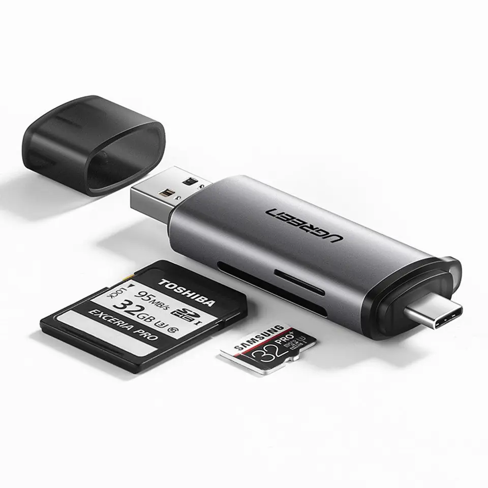 ⁨Adapter USB + USB-C UGREEN czytnik kart SD + microSD (szary)⁩ w sklepie Wasserman.eu