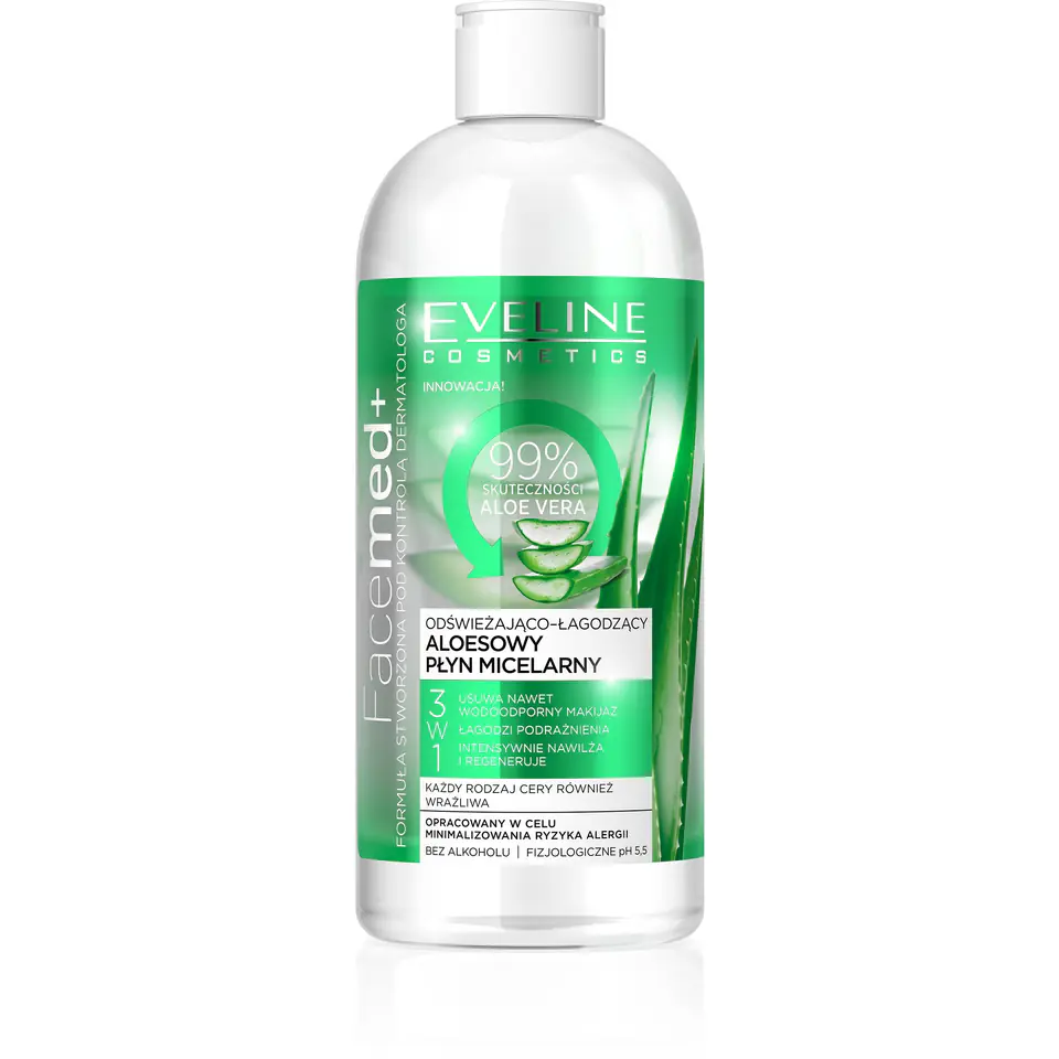 ⁨Eveline Facemed+ Aloe Vera Micellar Liquid 3in1 refreshing and soothing 400ml⁩ at Wasserman.eu