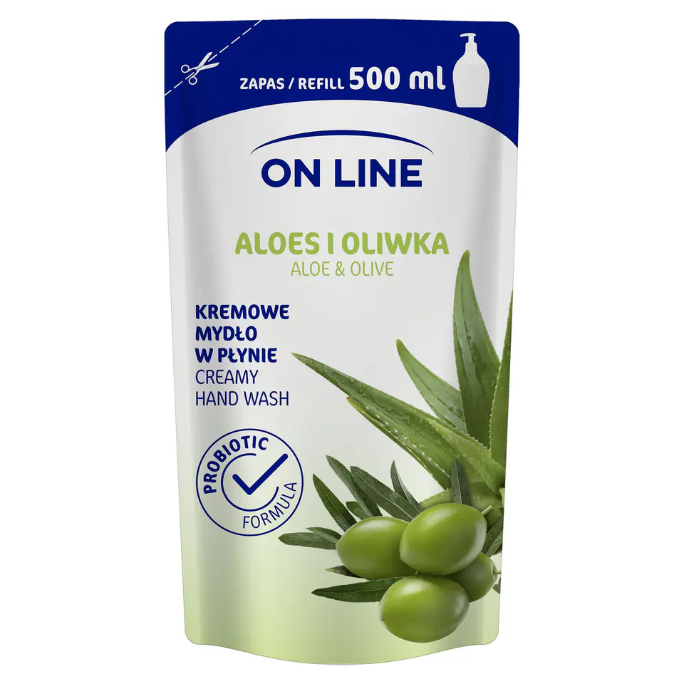 ⁨ON LINE KREMOWE MYDŁO W PŁYNIE ALOES I OLIWKA OPAKOWANIE UZUPEŁNIAJĄCE 500ML⁩ w sklepie Wasserman.eu