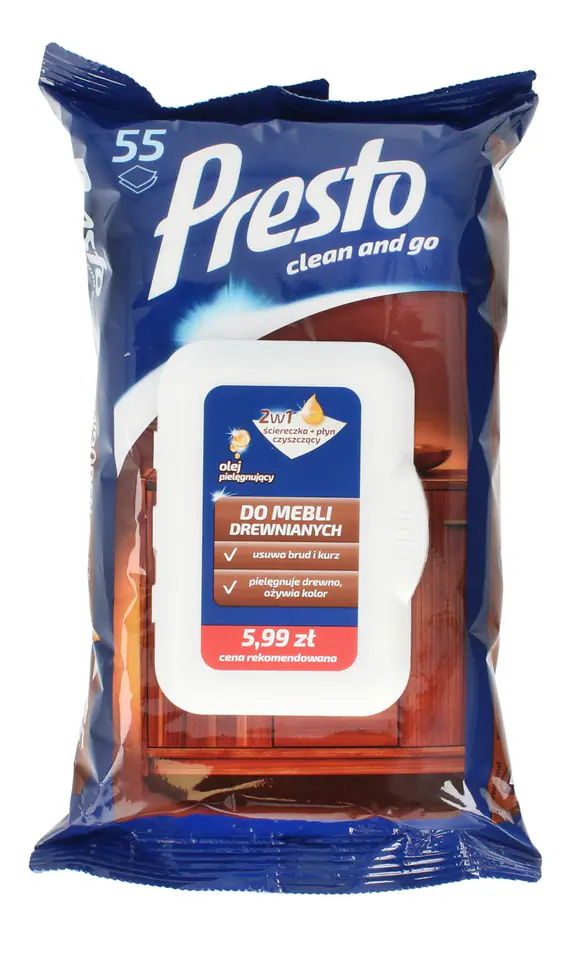 ⁨Presto Cleaning cloths + liquid 2in1 for wooden furniture - pop up closure 1op.-55pcs⁩ at Wasserman.eu