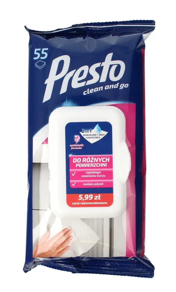 ⁨Presto Cleaning cloths+liquid 2in1 for various surfaces - pop up closure 1op.-55pcs⁩ at Wasserman.eu