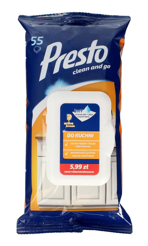 ⁨Presto Cleaning cloths +liquid 2in1 for kitchen - pop up closure 1op.-55pcs⁩ at Wasserman.eu